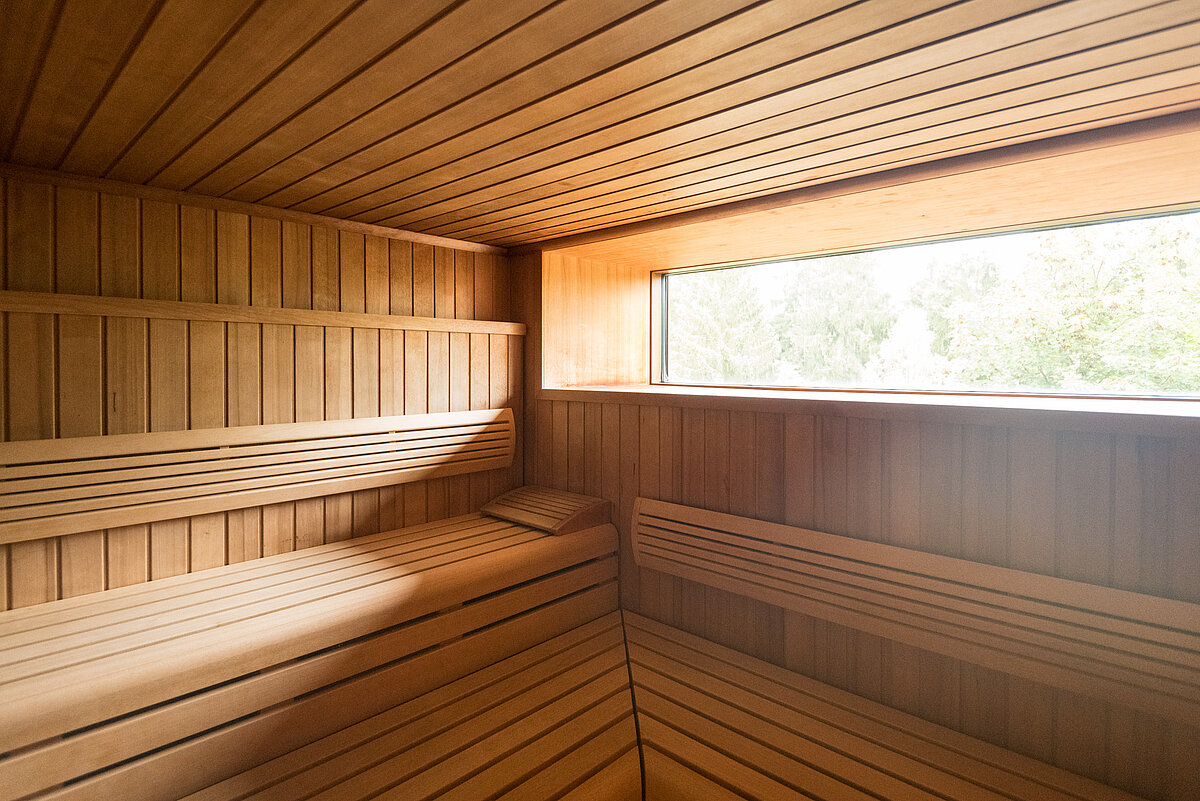 Blick in die Sauna mit Fenster in die Natur